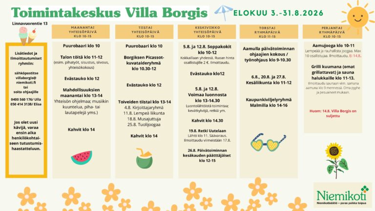 Toimintakeskus Villa Borgiksen elokuu