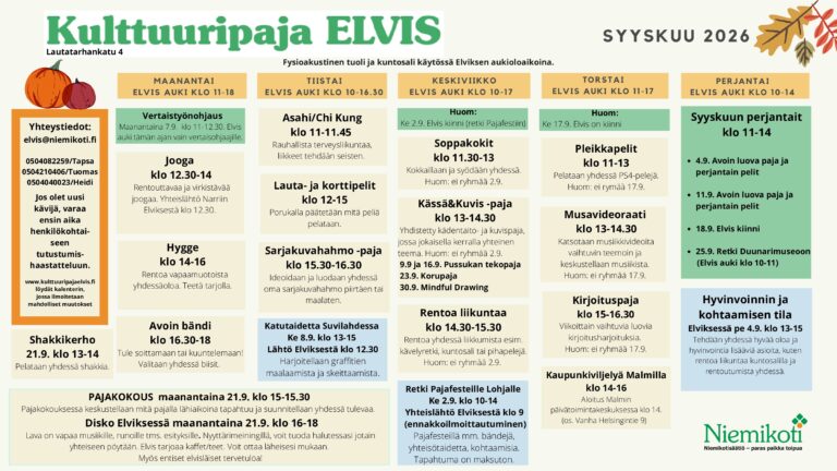Kulttuuripaja Elviksen syyskuu 2026