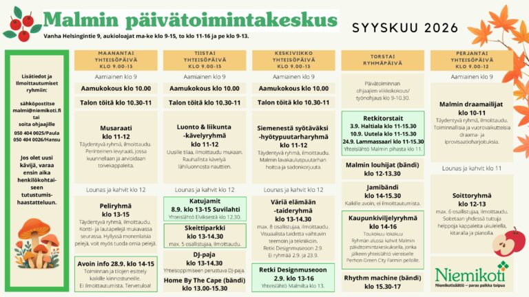 Malmin päivätoimintakeskuksen syyskuu 2026