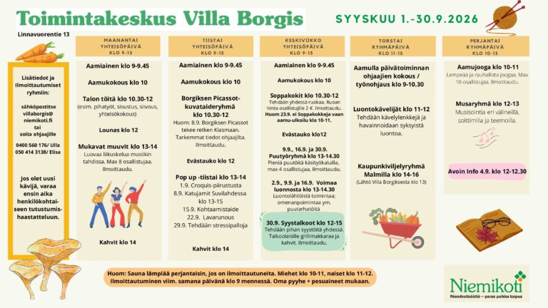 Toimintakeskus Villa Borgiksen syyskuu 2026
